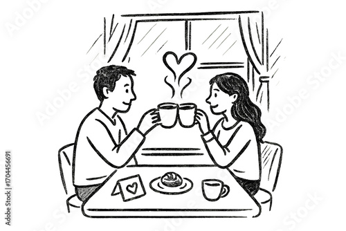 Coffee Date Doodles. Coffee for two: hand drawn doodles of couple clinking cups, heart steam, shared pastry, love note, window
