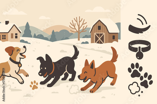 Village Dogs in Snow. Wide vector layout with village dogs playing in snow and rural charm icon set for wagging tail, bell collar,