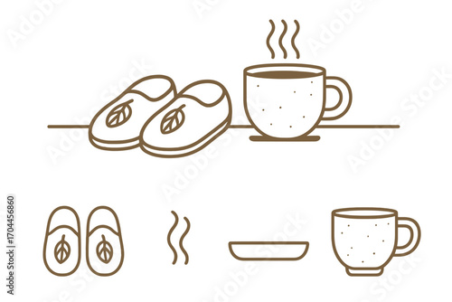 Cozy Minimalist Scene. Minimalist vector strip with slippers beside a steaming mug and simplicity icon set for wool slippers,