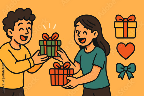 Friends Sharing Gifts. Cartoon-style horizontal panel showing friends exchanging small gifts and joy icon set for wrapped box,