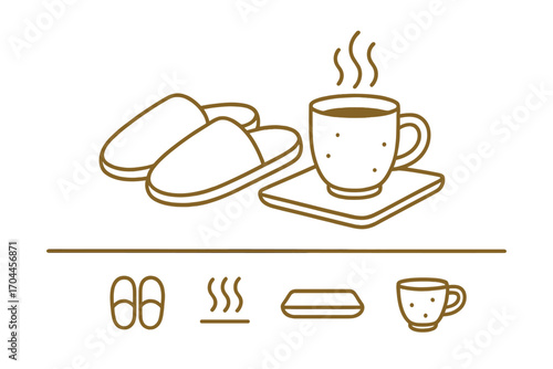 Cozy Minimalist Scene. Minimalist vector strip with slippers beside a steaming mug and simplicity icon set for wool slippers,