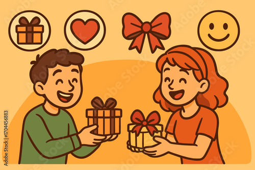 Friends Sharing Gifts. Cartoon-style horizontal panel showing friends exchanging small gifts and joy icon set for wrapped box,