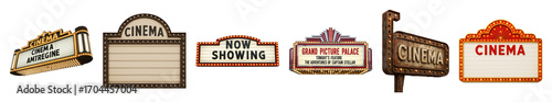Cinema marquee sign set including illuminated, retro, vintage, classic, art deco, and rusty styles isolated. Film and entertainment announcements.