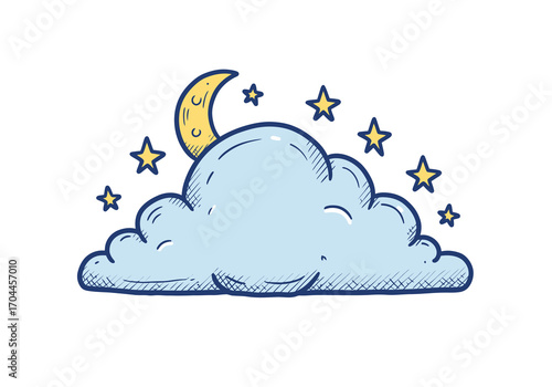 Whimsical Hand-Drawn Illustration of a Peaceful Night Sky with a Crescent Moon and Twinkling Stars Peeking Through Soft, Fluffy Clouds, perfect for children's designs and serene themes