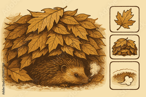 Hedgehog Winter Hibernation. Scene illustration showing hedgehog nestled under leaves and hibernation icon set for leaf cover,
