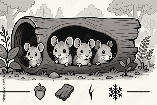 Mice in Forest Log. Scene banner with mice peeking from hollow log and forest micro-icon set for tail line, seed shell, bark crack