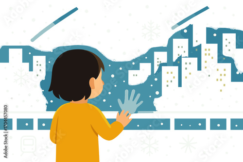 Child Watching Snowfall. Modern vector panel showing child watching snowfall from balcony and urban wonder icon set for railings,
