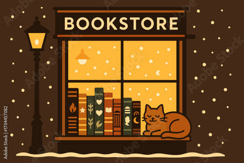 Cozy Bookstore Window. Vector layout showing bookstore window glowing with lights and literary charm icon set for book spines,
