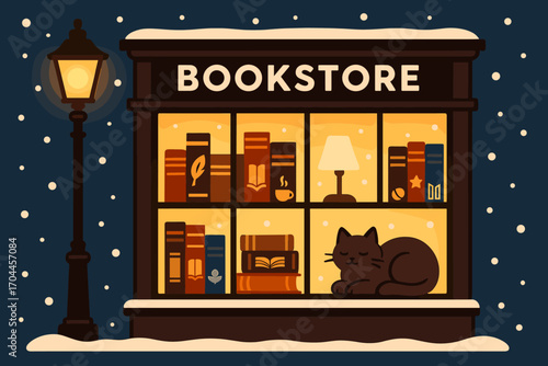 Cozy Bookstore Window. Vector layout showing bookstore window glowing with lights and literary charm icon set for book spines,