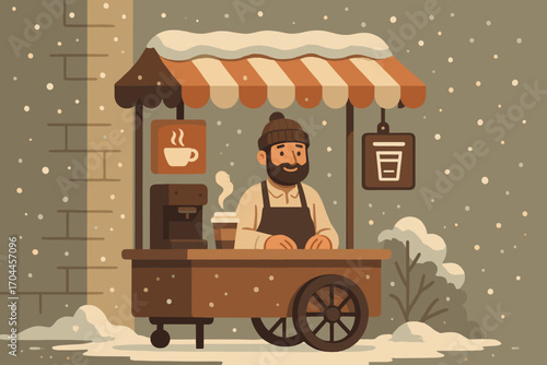 Cozy Coffee Cart. Scene with coffee cart in snow-dusted corner and cozy vendor icon set for steam icon, paper cup, apron and menu