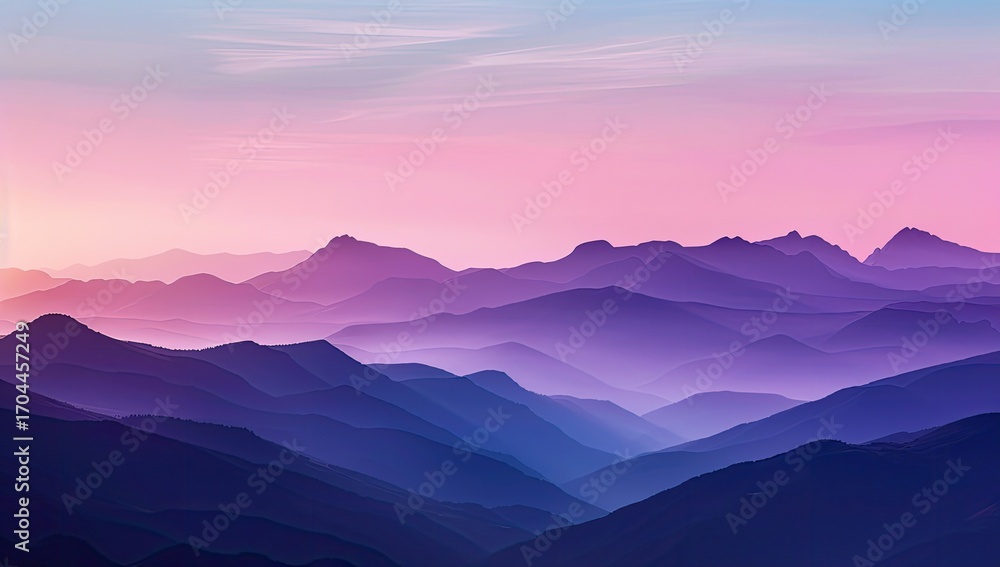 Obraz premium Serene landscape showcasing a vast mountain range bathed in the soft hues of a pastel sunset, with layers of peaks receding into a hazy, purple-blue distance