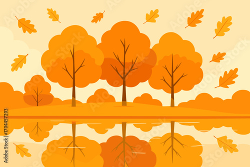 Golden Autumn Reflections. Flat vector illustration of golden season transition, featuring orange treetops, scattered oak leaves