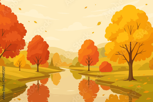 Countryside Autumn Reflection. Wide vector layout of countryside during peak foliage, with trees reflecting in river, drifting