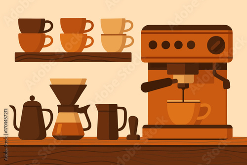 Cozy Coffee Station. Elegant vector of barista station with brewing tools, espresso machine, stacked mugs and wood texture details