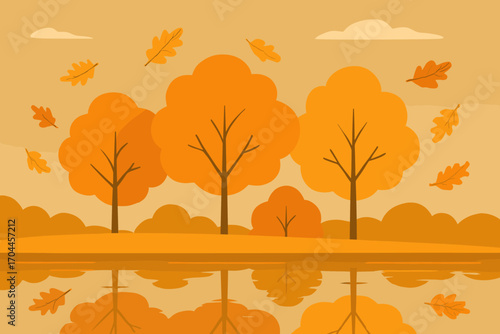 Golden Autumn Reflections. Flat vector illustration of golden season transition, featuring orange treetops, scattered oak leaves