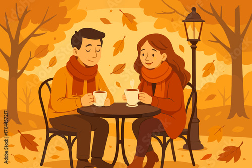 Autumn Coffee Date. Vector illustration of couple enjoying coffee at sidewalk table in autumn park, surrounded by falling leaves,