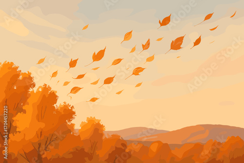 Autumn Breeze Whirls Leaves. Horizontal design of breeze lifting leaves from treetops, against soft pastel sky and autumn hills on