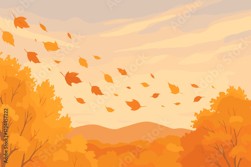 Autumn Breeze Whirls Leaves. Horizontal design of breeze lifting leaves from treetops, against soft pastel sky and autumn hills on