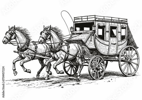 Intricate Hand-Drawn Illustration of a Classic Horse-Drawn Stagecoach with Two Galloping Horses, Evoking Historical Journey and Vintage Travel Imagery
