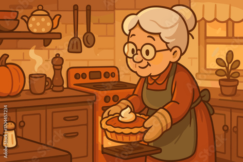 Grandma's Pumpkin Pie Bliss. Cartoon-style horizontal banner with grandmother pulling pumpkin pie from oven, cozy kitchen details