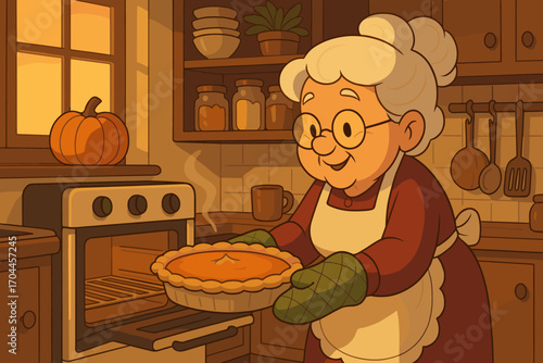 Grandma's Pumpkin Pie Bliss. Cartoon-style horizontal banner with grandmother pulling pumpkin pie from oven, cozy kitchen details
