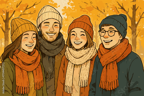Autumn Friends in Knitwear. Illustrated scene of friends layering up in knitted scarves and beanies, smiling under golden trees in