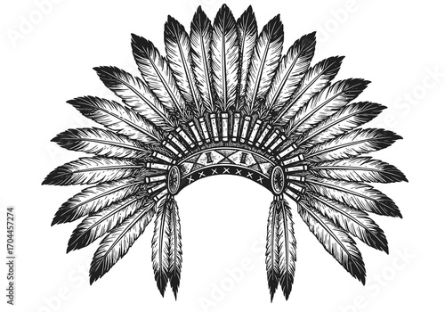 Detailed black and white illustration of a traditional feather headdress, symbolizing cultural heritage and tribal artistry. A powerful graphic design element