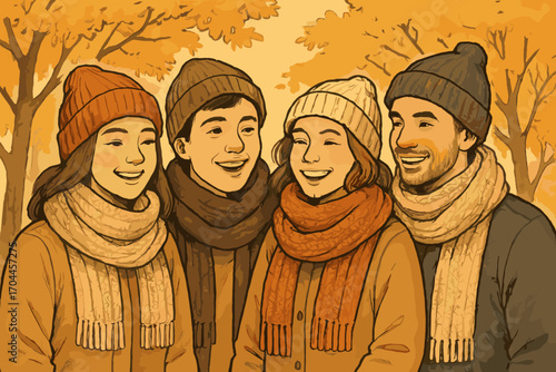 Autumn Friends in Knitwear. Illustrated scene of friends layering up in knitted scarves and beanies, smiling under golden trees in
