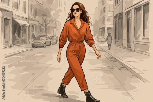 Chic Rust Streetwalk. Illustrated street style scene of woman in rust-colored jumper, sunglasses, and ankle boots walking with