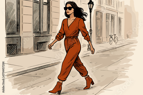 Chic Rust Streetwalk. Illustrated street style scene of woman in rust-colored jumper, sunglasses, and ankle boots walking with