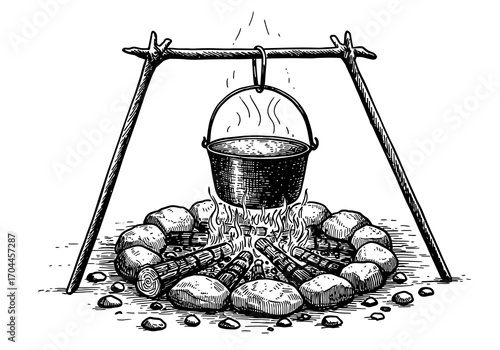 Rustic outdoor cooking illustration with a pot over a campfire. Hand-drawn image of camping and wilderness adventure with a metal pot, flames, and stones