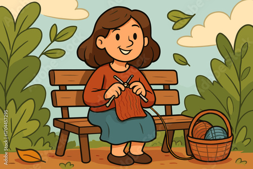 Knitting in the Park. Cartoon-style composition of smiling woman knitting on park bench, surrounded by leaves and yarn basket.
