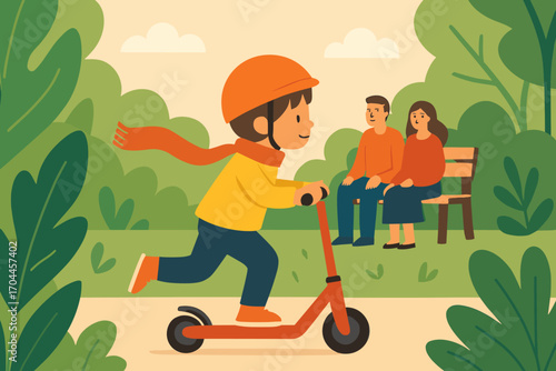 Child Scooting Adventure. Vector layout of child riding scooter along leafy path, scarf trailing, with parents watching from a