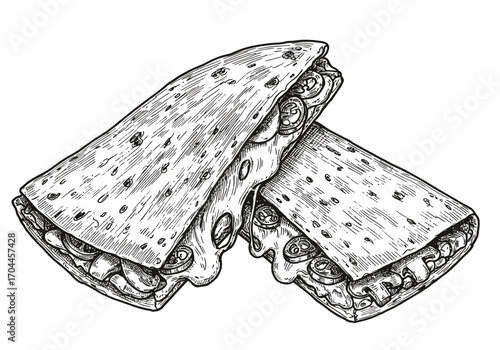 Hand-drawn illustration of two delicious quesadillas with melted cheese, showcasing a rustic, vintage style perfect for culinary designs and menus