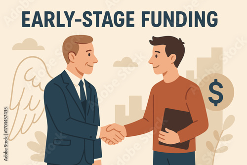 Angel Investor Alliance. Vector banner of angel investor shaking hands with young entrepreneur under “early-stage funding” header.