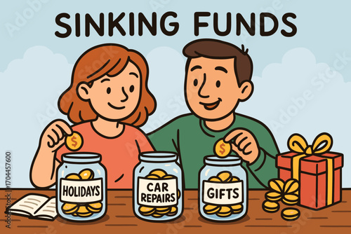 Sinking Funds Cartoon. Cartoon-style banner showing parents creating sinking funds for holidays, car repairs, and gifts.