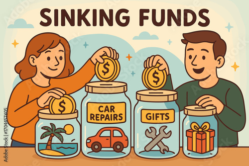 Sinking Funds Cartoon. Cartoon-style banner showing parents creating sinking funds for holidays, car repairs, and gifts.
