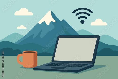 Remote Work Bliss. Vector layout of work-from-anywhere lifestyle — mountain backdrop, laptop, coffee mug, and stable Wi-Fi.