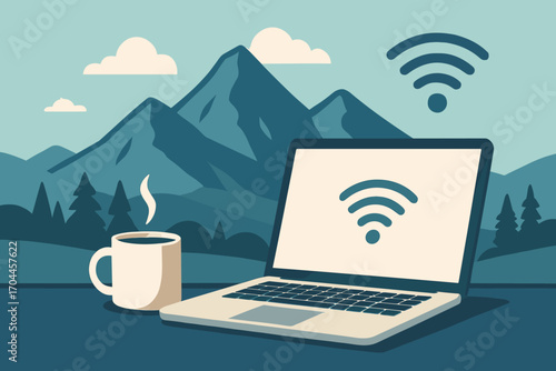 Remote Work Bliss. Vector layout of work-from-anywhere lifestyle — mountain backdrop, laptop, coffee mug, and stable Wi-Fi.