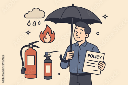 Prepared for Anything. Vector illustration of person preparing for unexpected events with umbrella, fire extinguisher, and policy