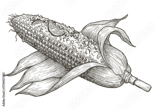 Detailed hand-drawn line art illustration of a seasoned corn on the cob with a fresh lime wedge, presented in an intricate monochrome style for culinary and rustic designs