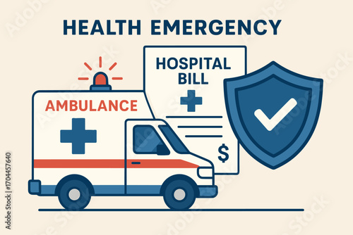 Health Coverage Illustration. Illustrated health emergency visual with ambulance, hospital bill, and shield overlay representing