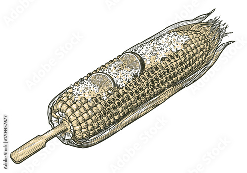 Authentic hand-drawn illustration of grilled corn on the cob, adorned with creamy sauce, crumbled cheese, and fresh lime, representing a delightful street food classic