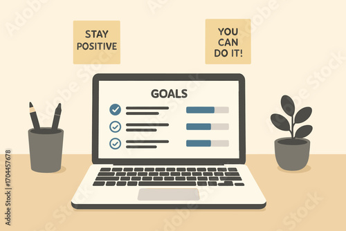 Minimalist Desk Setup. Vector layout of minimalist desk with laptop, goal tracker app, and motivational sticky notes.
