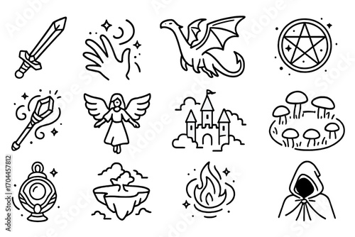 Fantasy Anime Icons. Line style icons of fantasy anime: enchanted sword, spell cast motion, flying beast, magic rune; glowing