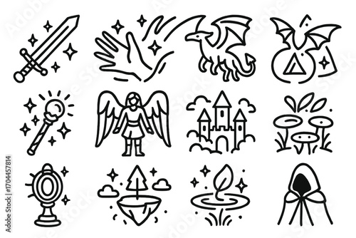 Fantasy Anime Icons. Line style icons of fantasy anime: enchanted sword, spell cast motion, flying beast, magic rune; glowing