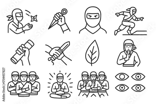 Ninja Anime Icons. Line style icons of ninja anime: shuriken throw, kunai flip, mask face, rooftop jump; scroll grip, sword draw,