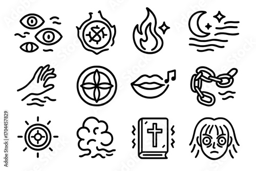 Supernatural Anime Icons. Line style icons of supernatural anime: floating eyes, cursed mark, magic flame, night wind; ghost hand,