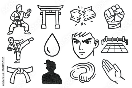 Martial Arts Icons. Line style icons of martial arts manga: stance pose, dojo gate, broken board, bandaged hand; kick motion,