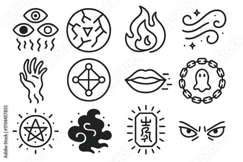 Supernatural Anime Icons. Line style icons of supernatural anime: floating eyes, cursed mark, magic flame, night wind; ghost hand,